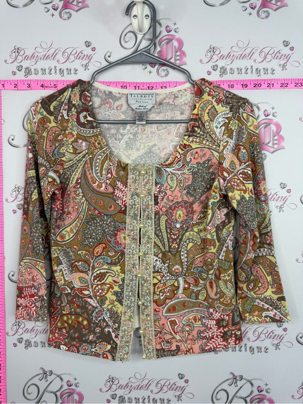 Talbots cardigan Paisley Embellished Button-Front pearls - Pink, Green, Brown